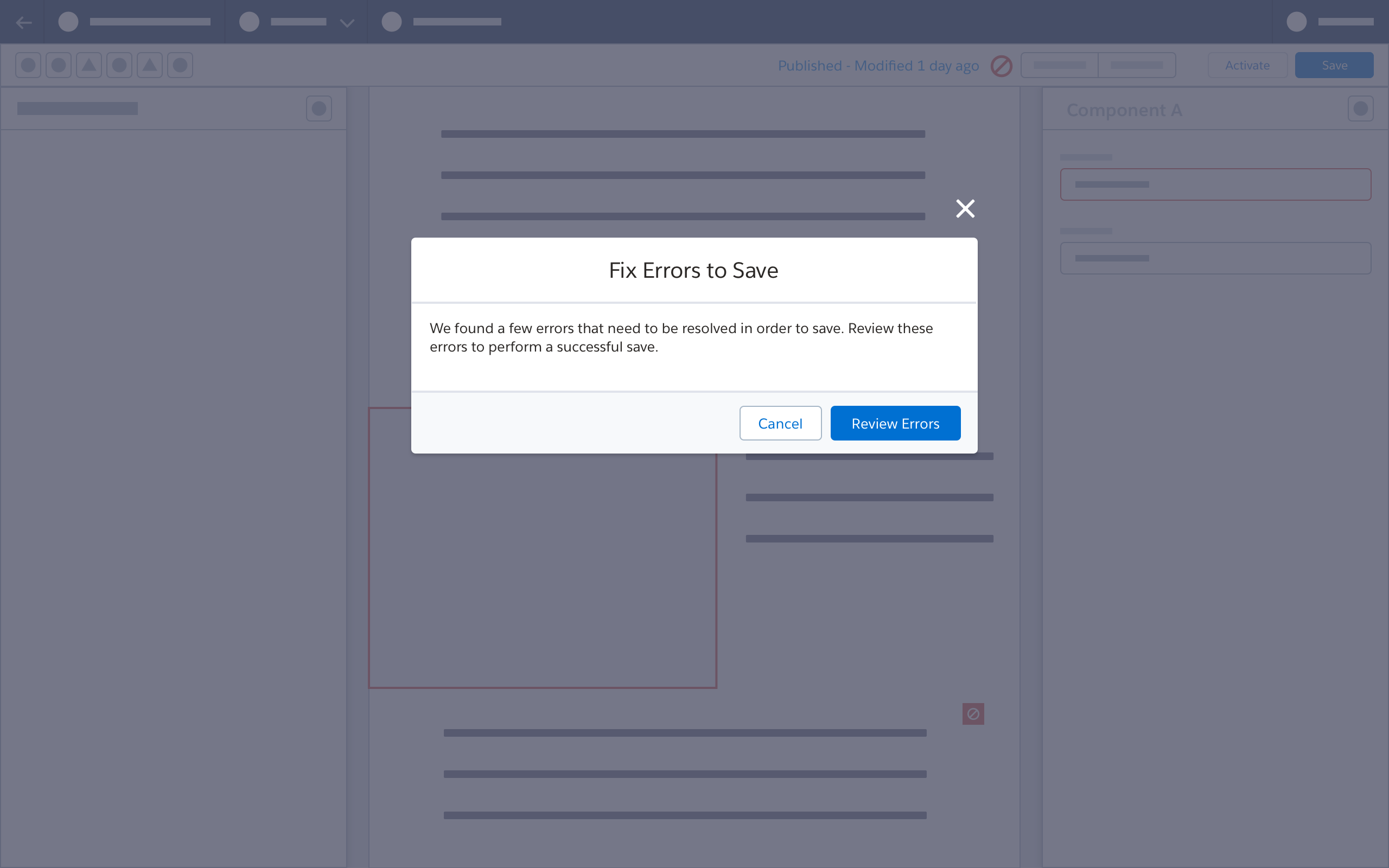 Wireframe showing a modal asking user to fix errors in order to save.