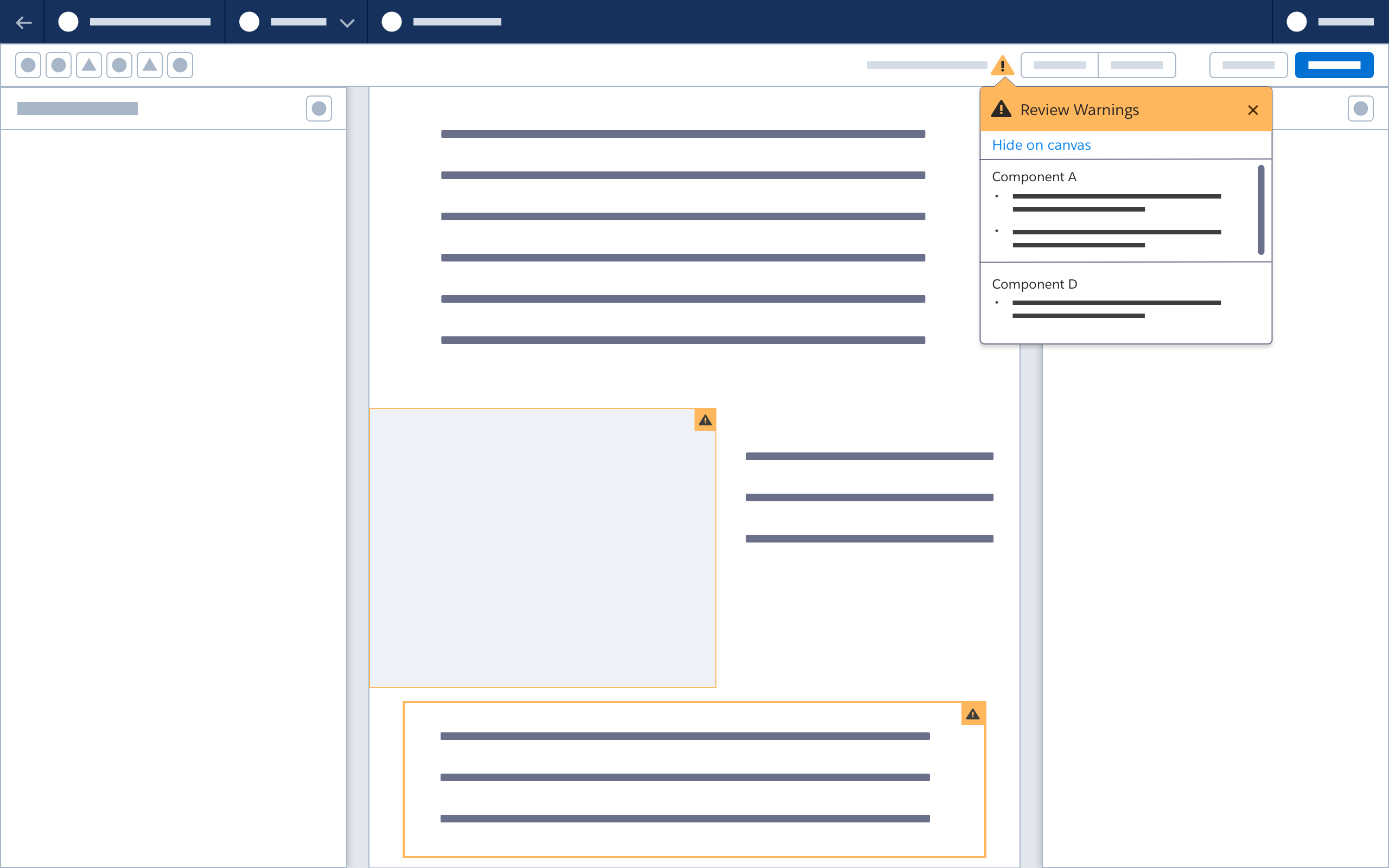 Wireframe showing the "Hide on Canvas" option in the warning popover.